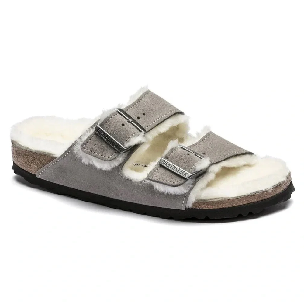 Birkenstock Arizona Shearling Suede Leather Stone Iron Sandals Sz. 44 US 11-11.5